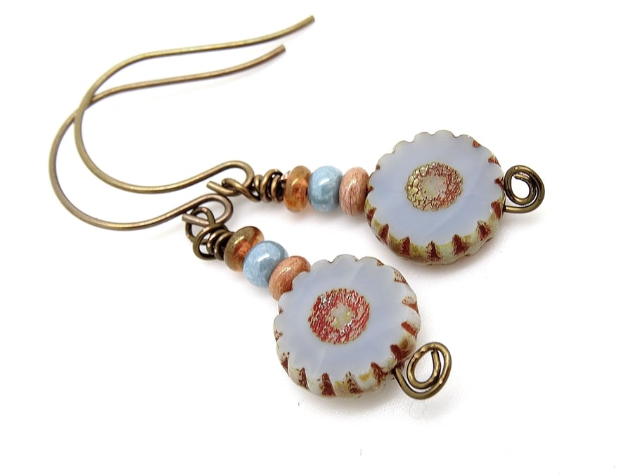 Czech glass earrings,cornflower blue earrings,czech glass wheel earrings,