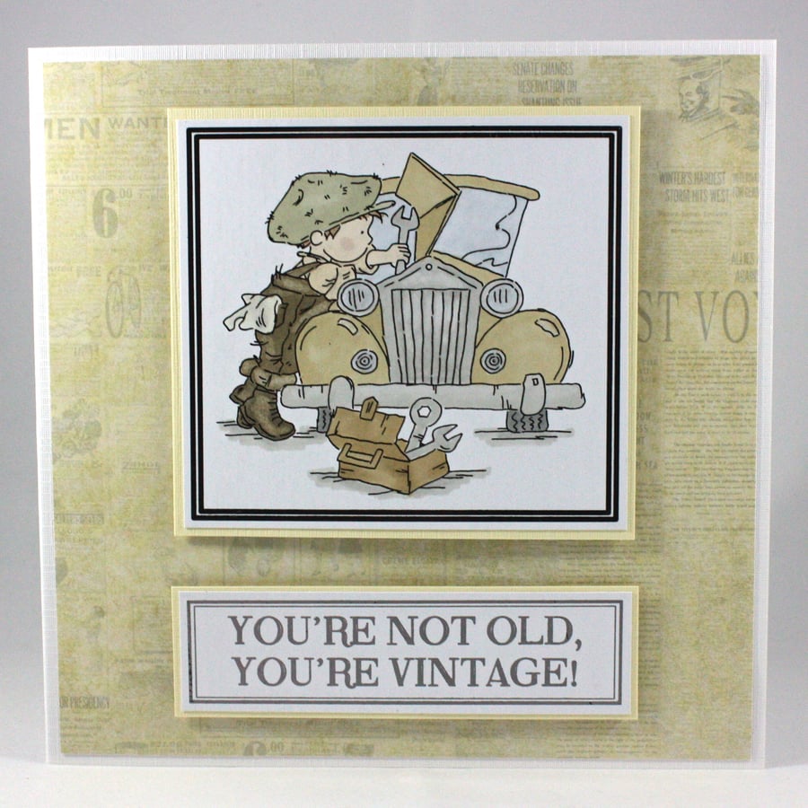 Handmade birthday card - vintage car, age humour