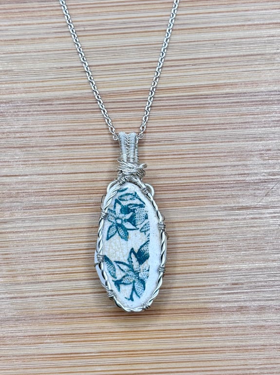 Scottish sea pottery necklace pendant - Unique gift - Green and White