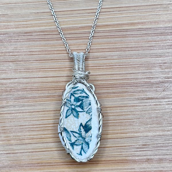 Scottish sea pottery necklace pendant - Unique gift - Green and White