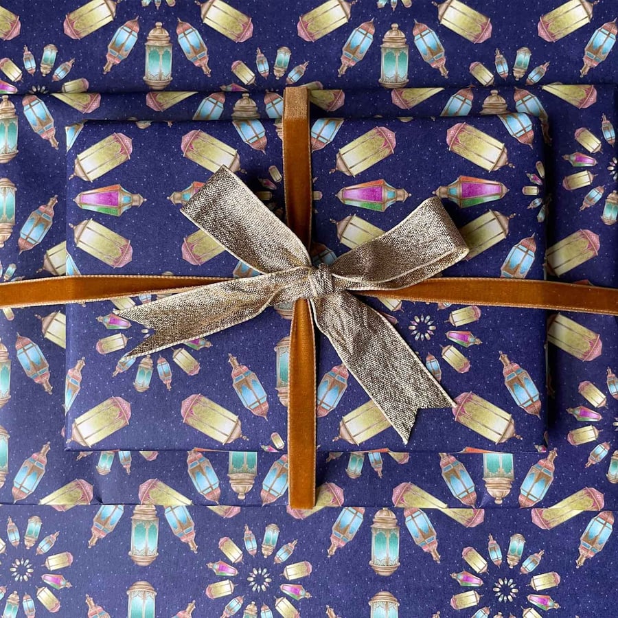 Eid Mubarak Gift Wrap Pack – Islamic Lantern and Crescent Moon Wrapping Paper