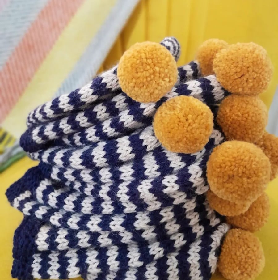 Hand Knitted Striped Pom Beanie Hat Mustard Kids Knits