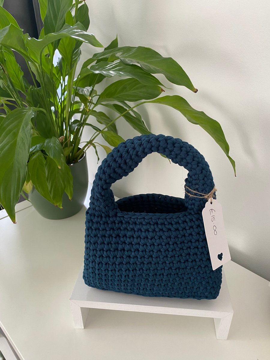 Navy tshirt yarn crochet mini bag
