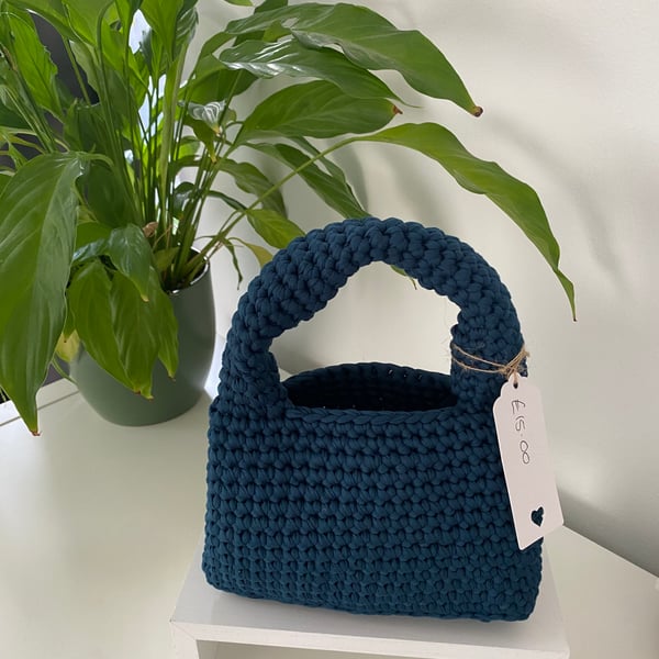 Navy tshirt yarn crochet mini bag