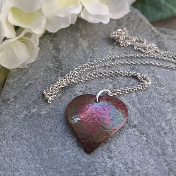  Domed Oxidised Copper Heart Pendant With Sterling Silver Chain