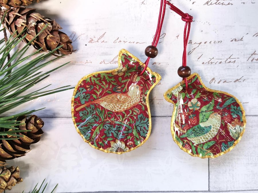 Set of Two Hanging Shell Ornaments: William Morris Christmas Tree Baubles