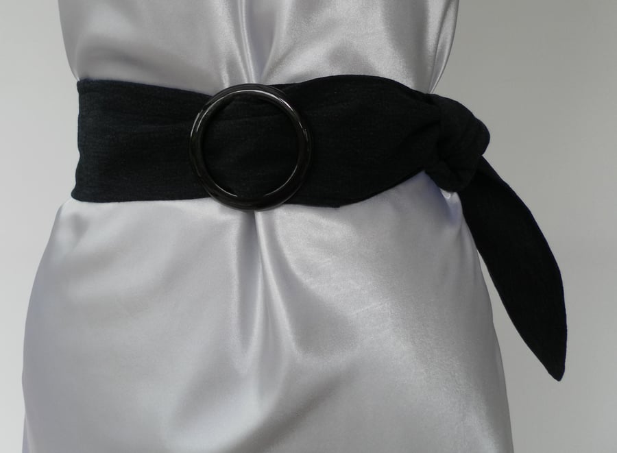 Black, Denim Belt, Black, Circular Plastic Buckle