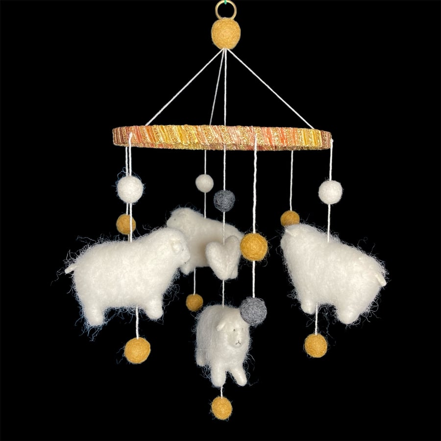 Hanging mobile with needle felt sheep ,nursery decor, new baby gift, baby shower