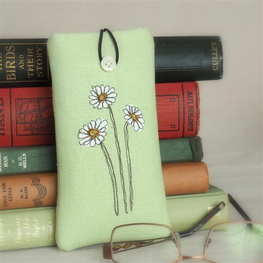 Glasses Spectacles Case Handmade Linen Flowers Freehand Machine Embroidered 