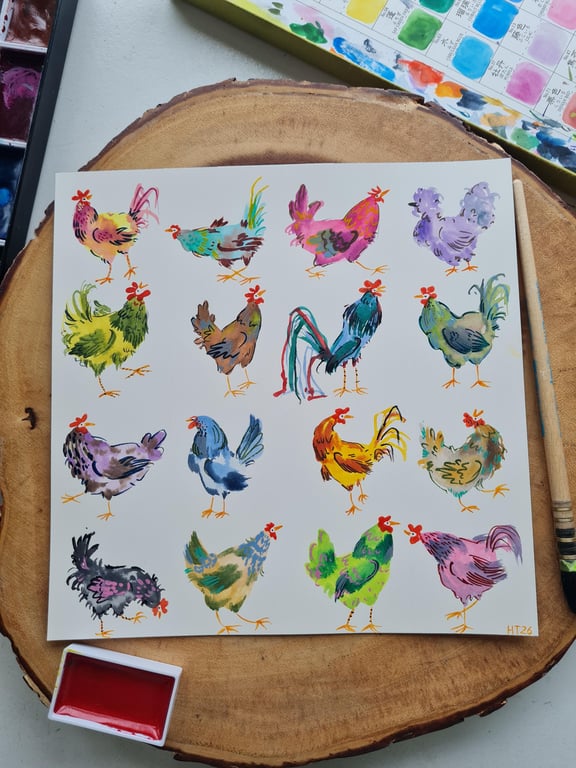 Whimsical Chicken Art, Hand-Painted Watercolour