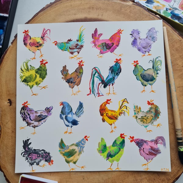 Whimsical Chicken Art, Hand-Painted Watercolour