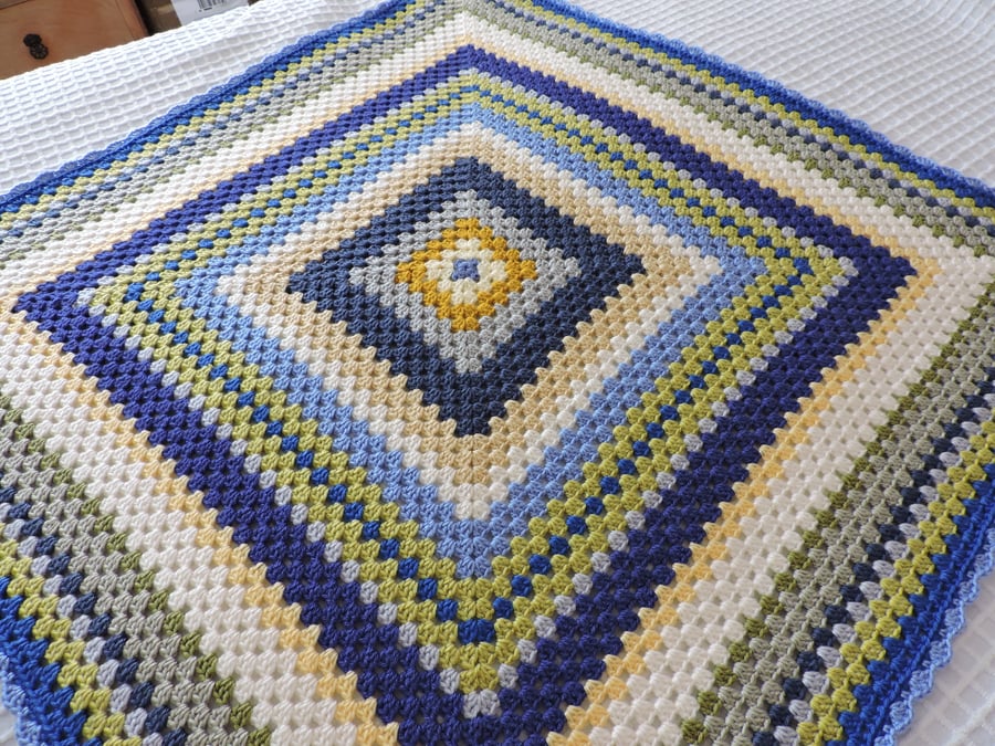 Sale now 12.00 Crochet Lap Blanket Square Blue Green Pale Yellow Grey Cream
