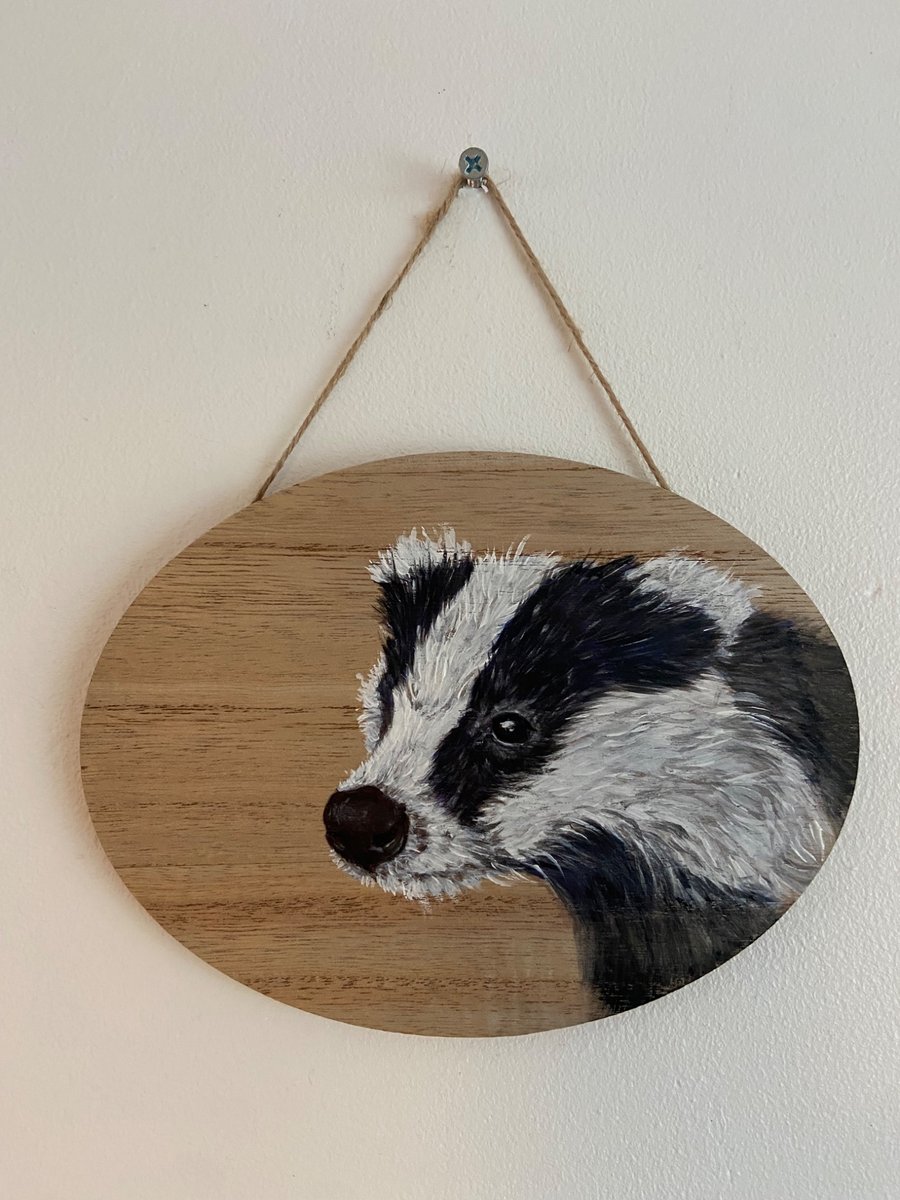Hand painted Badger hanging plaque