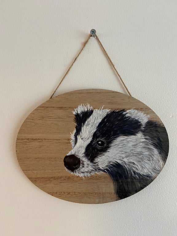 Hand painted Badger hanging plaque
