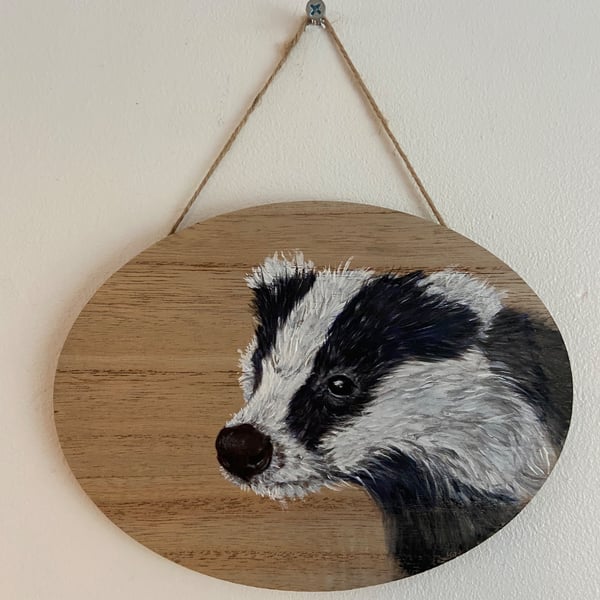 Hand painted Badger hanging plaque