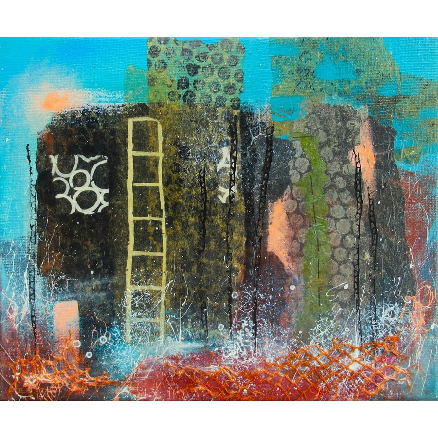 Harbour Wall Abstract Painting Coastal Marine Inspired Canvas Artwork 12x10"