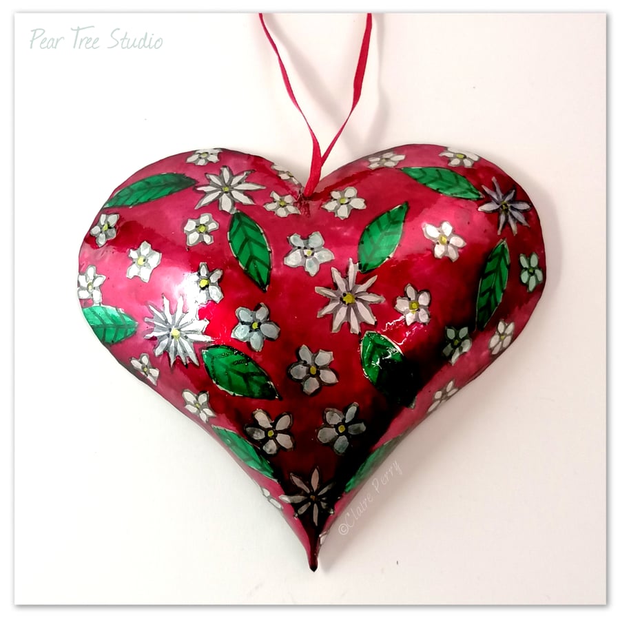 Red Embossed Metal Heart decoration with flower pattern. Handmade.