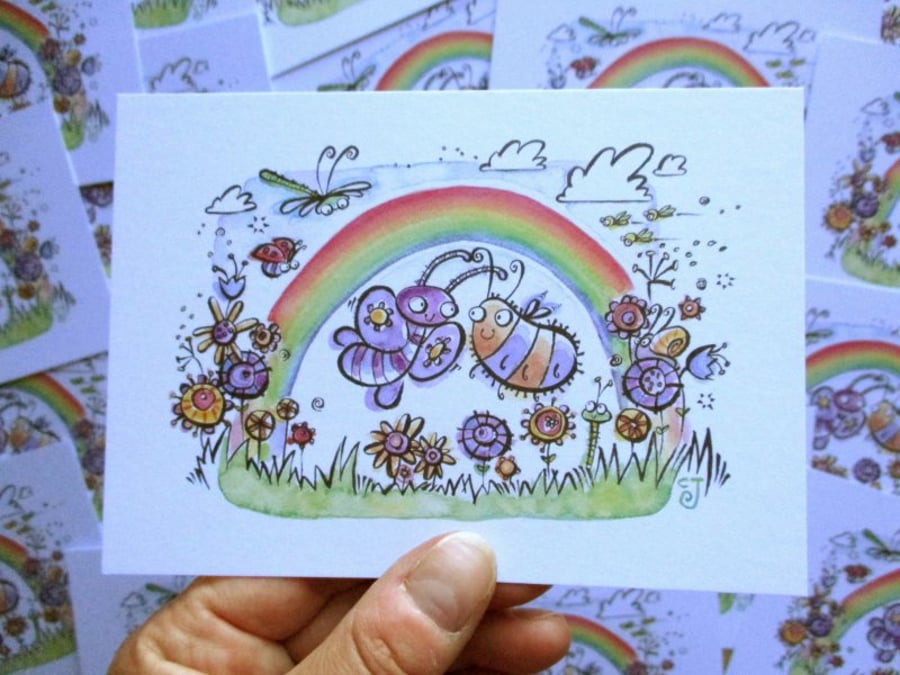 A6 Rainbow, Butterfly and Bee Postcard