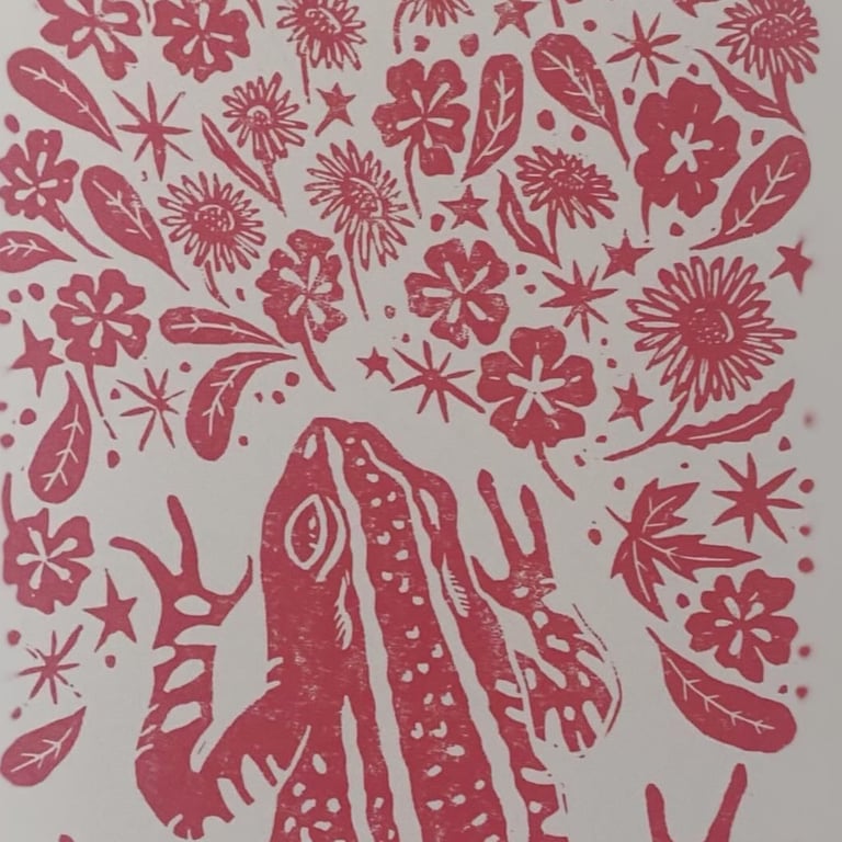 Pink or green floral frog linoprint A4