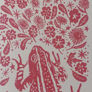 Pink floral frog linoprint A4