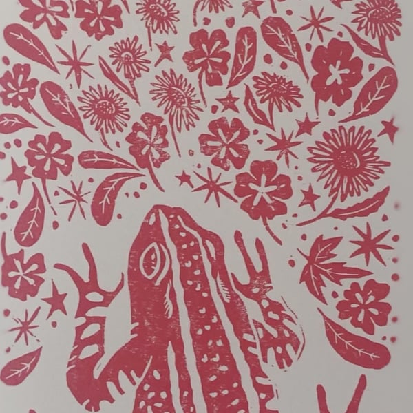 Pink or green floral frog linoprint A4