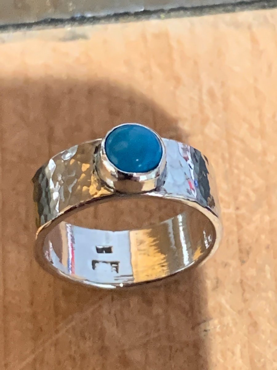 Turquoise Cabochon on Hand Textured 6mm Sterling Silver Ring