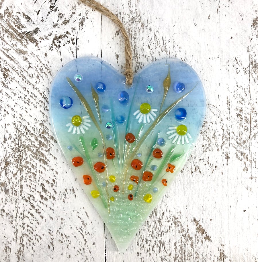 Glass Meadow Heart with Delicate Wild Flowers