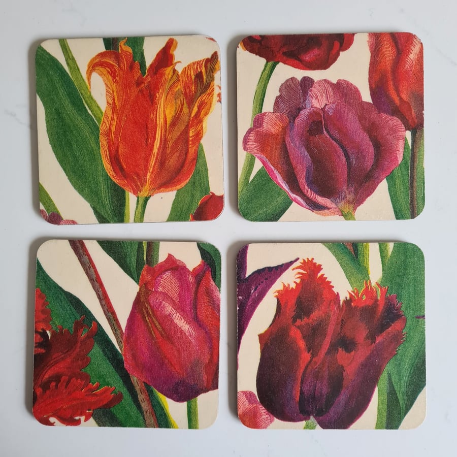 Image of 4 wooden coasters Emma Bridgewater tulip design letterbox gift housewarming