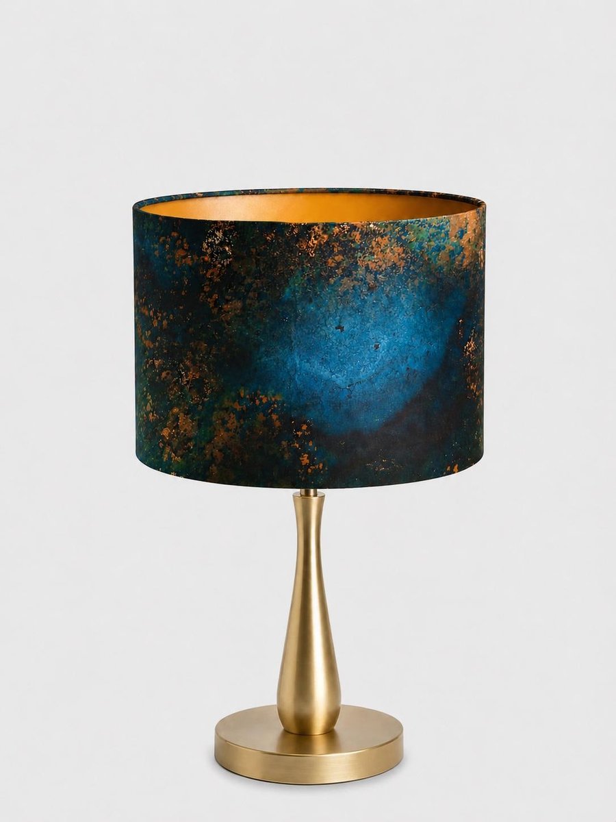 Aurora Oxide cotton lampshade, teal and embossed gold organic oxidised look, lux
