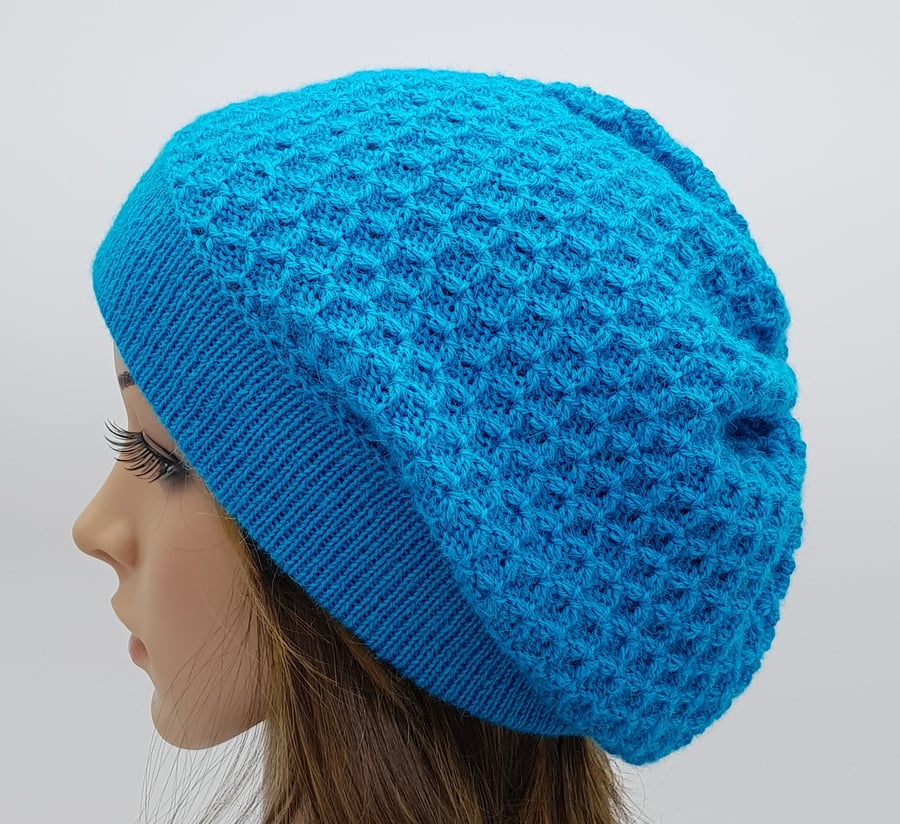Alpaca hat for women, handmade turquoise beanie, elegant tam, winter beret
