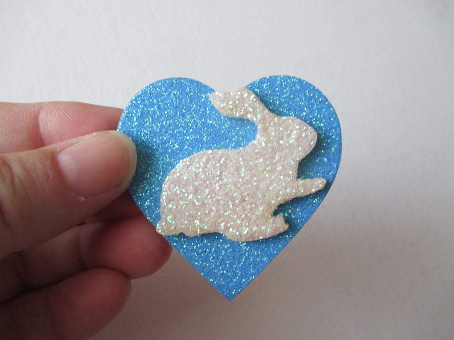 Bunny Rabbit Glitter Heart Fridge Magnet Blue White Sparkle Twinkle
