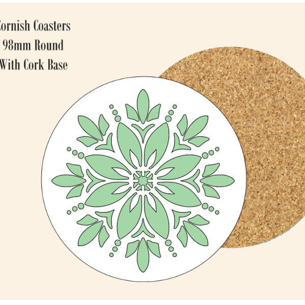 Green Abstract Flower  Coaster 9.8cm Round With Cork Base.- Design 2