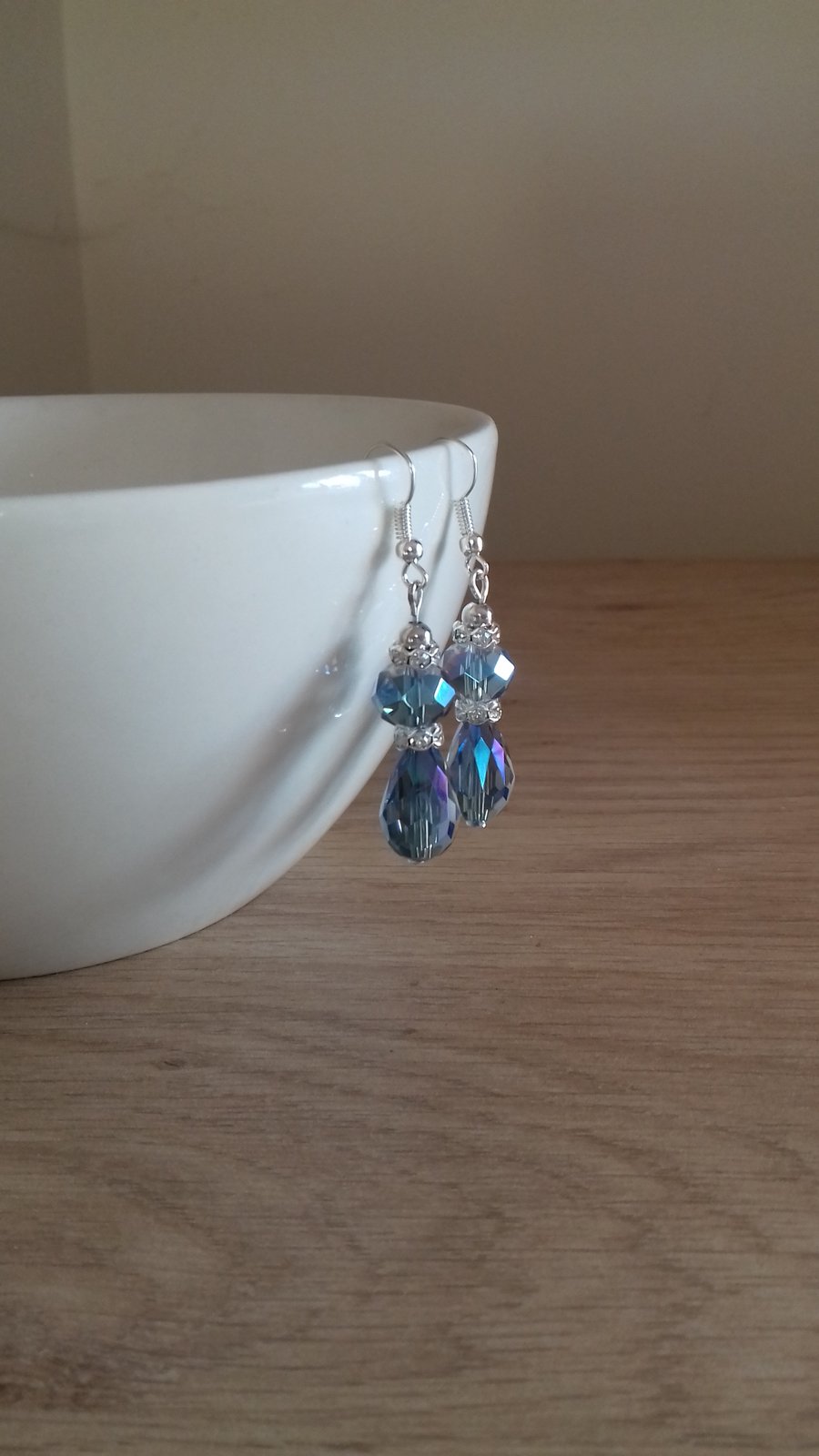 BLUE, CRYSTAL, RHINESTONE AND SILVER DANGLE EARRINGS.