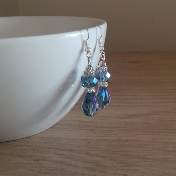 BLUE, CRYSTAL, RHINESTONE AND SILVER DANGLE EARRINGS.