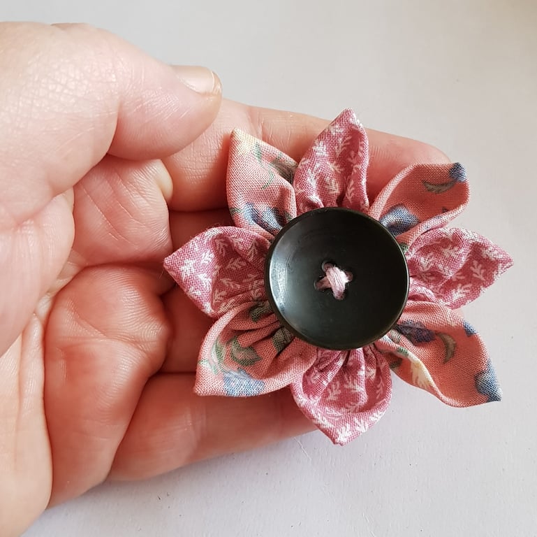 Dusty Pink Floral Fabric Flower Hair Clip with Black Button - One Off Design