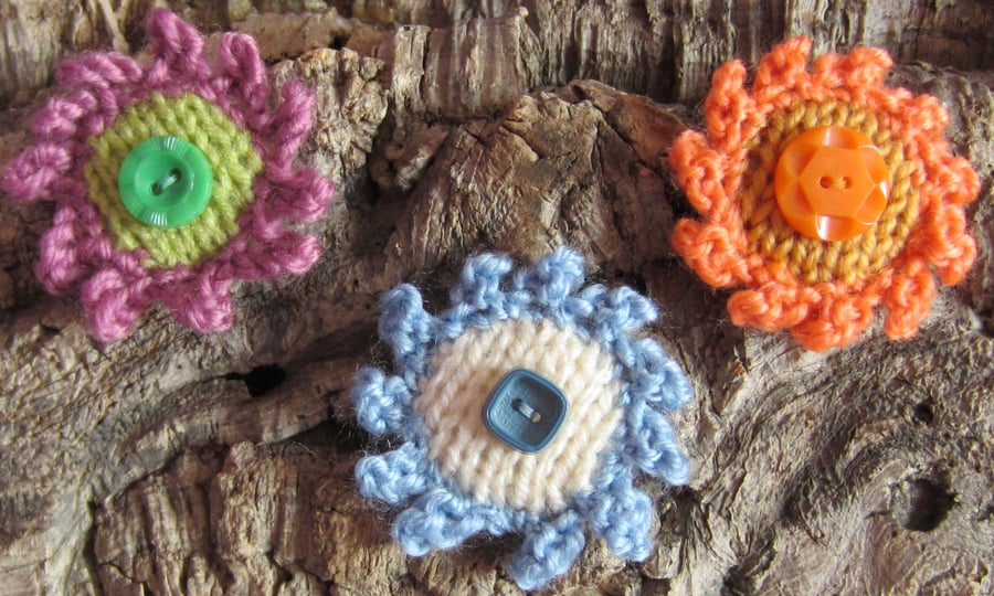 3 Hand Knitted Flower Buttons