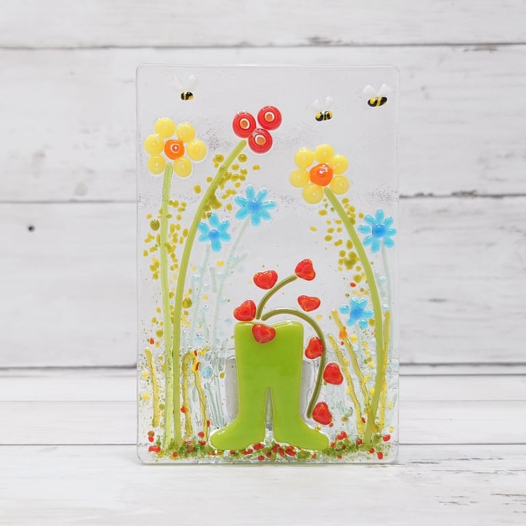 Garden inspired, fused glass flowers in wellies tealight holder