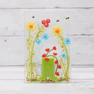 Garden inspired, fused glass flowers in wellies tealight holder