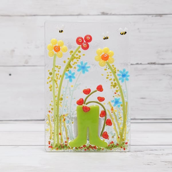 Garden inspired, fused glass flowers in wellies tealight holder
