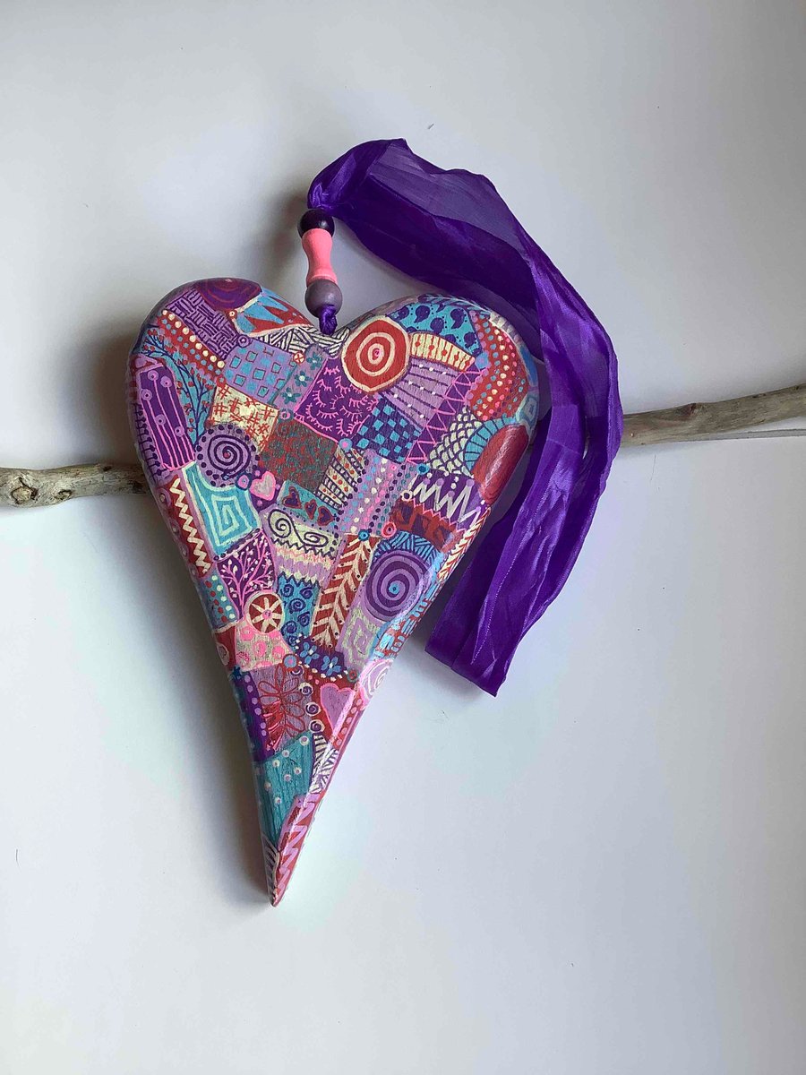 Hand painted Abstract wooden heart