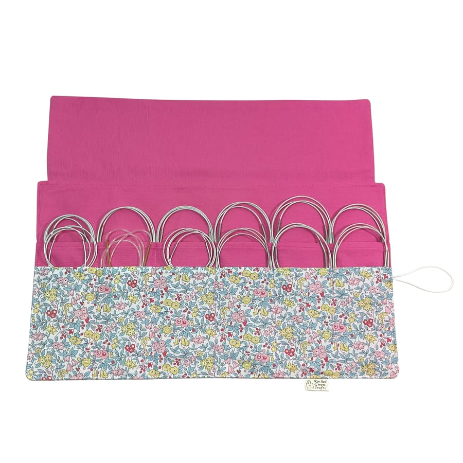 Circular needle case made from Liberty floral fabric, fixed circular sock needle