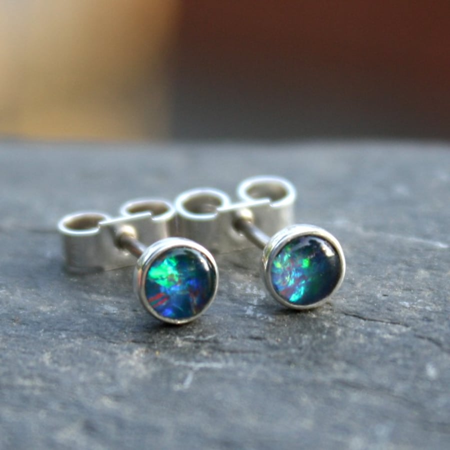 Opal stud earrings sterling silver, small gemstone studs