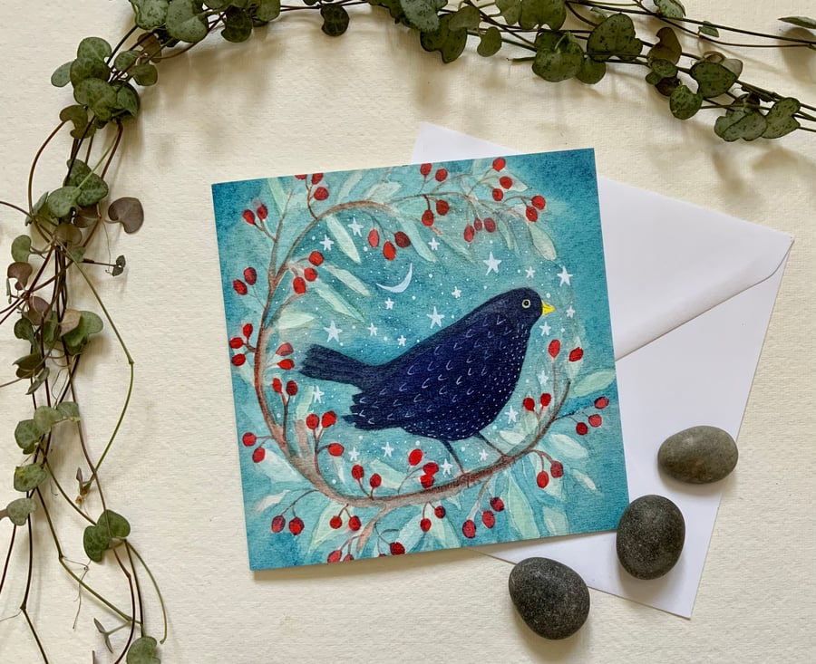 Blackbird and Berries, blank greetings card 