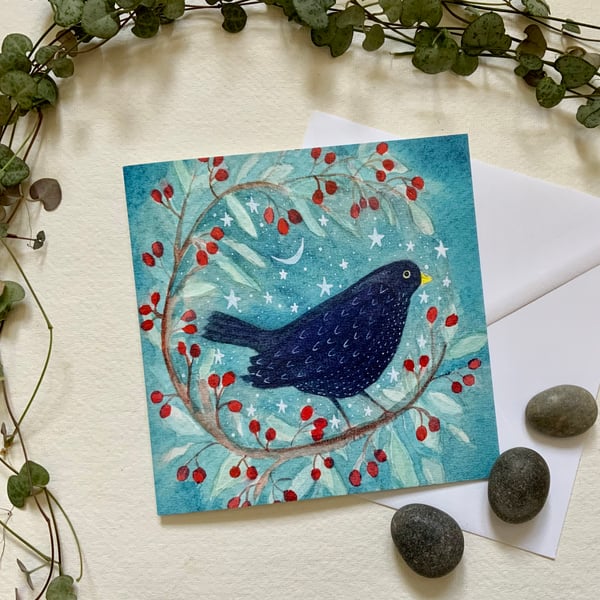 Blackbird and Berries, blank greetings card 