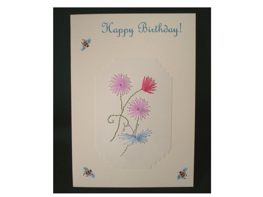 Happy Birthday,Hand embroidery, Three little pom pom flowers and butterfly,R 63