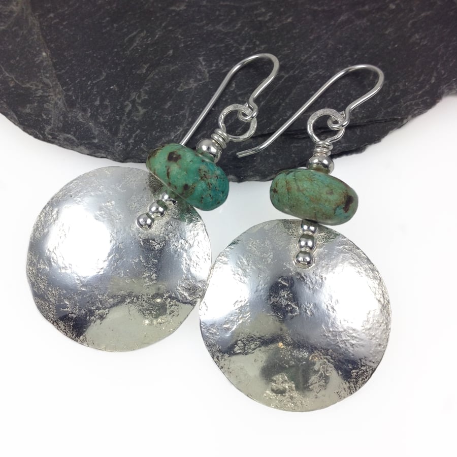 Large round silver and African turquoise earrings 