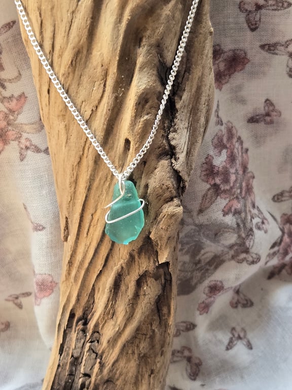 Blue sea glass necklace, glass necklace, wire wrapped necklace