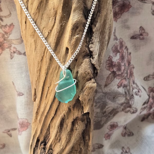 Blue sea glass necklace, glass necklace, wire wrapped necklace