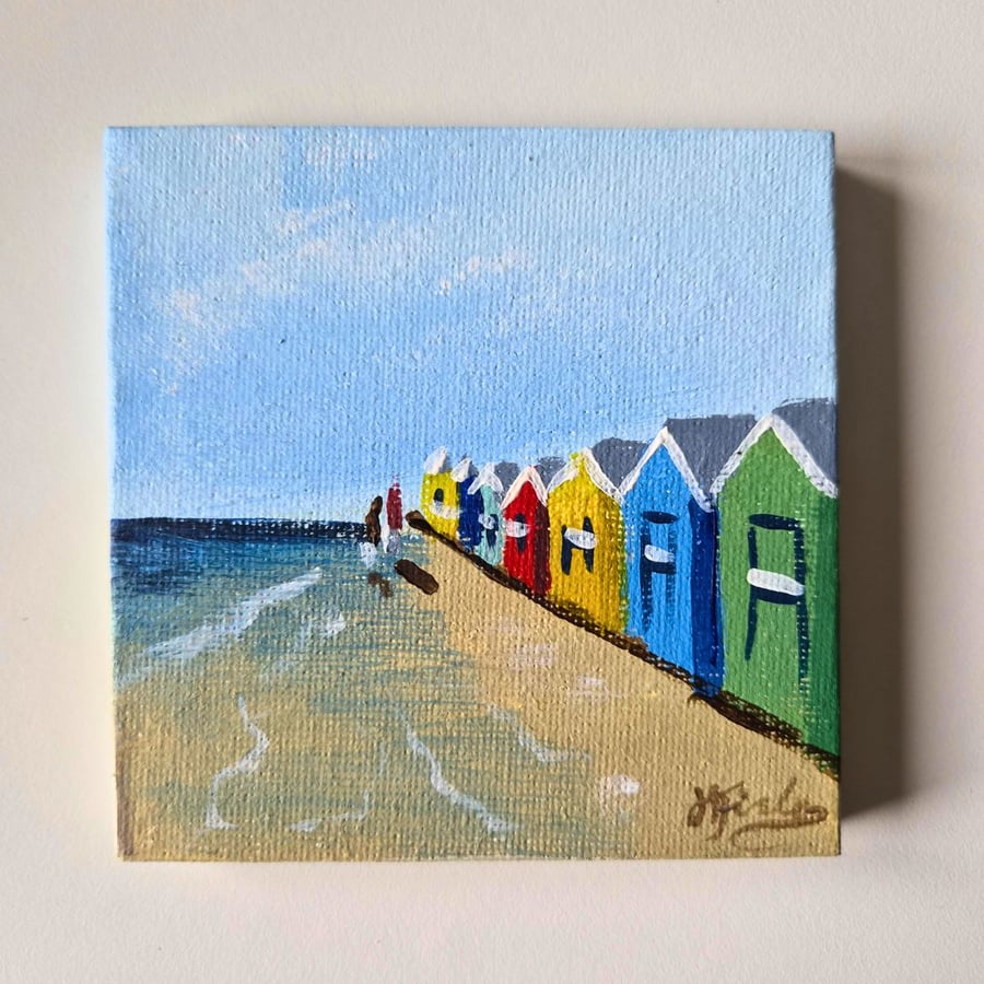Handpainted Original Beach Hut Painting - Magnetic Canvas 4x4 inches Acrylic