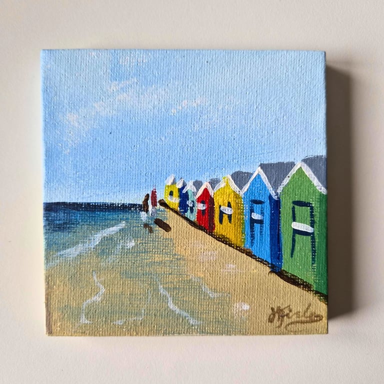 Handpainted Original Beach Hut Painting - Magnetic Canvas 4x4 inches Acrylic